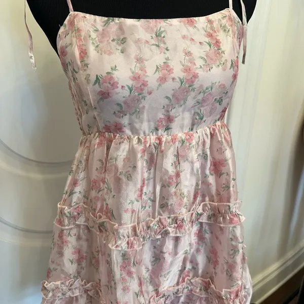 Altar’d State Spaghetti Strap Pink Floral Ruffled Dress - Image 3
