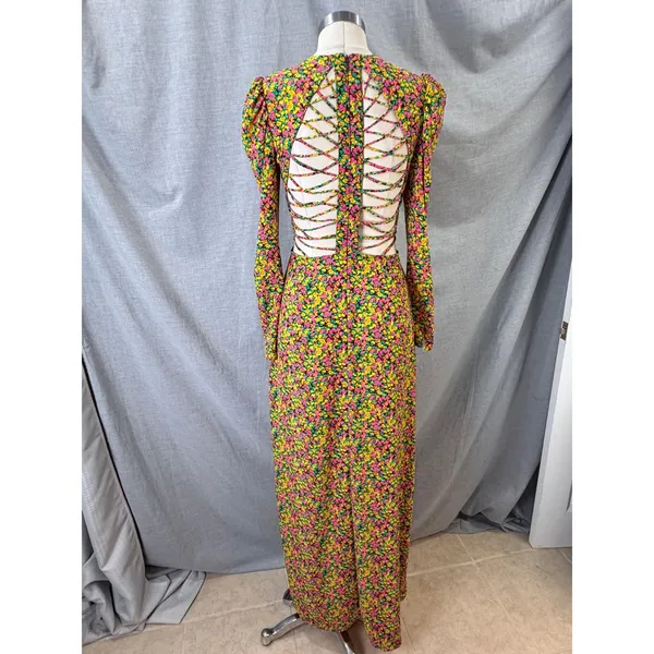 AFRM Yellow Floral Puff Sleeve Open Back Lattice‎ Detail Maxi Dress S - Image 7