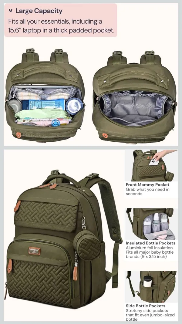BabbleRoo Olive Green Quilted Baby Backpack Bag with Detachable Pouch - Image 4