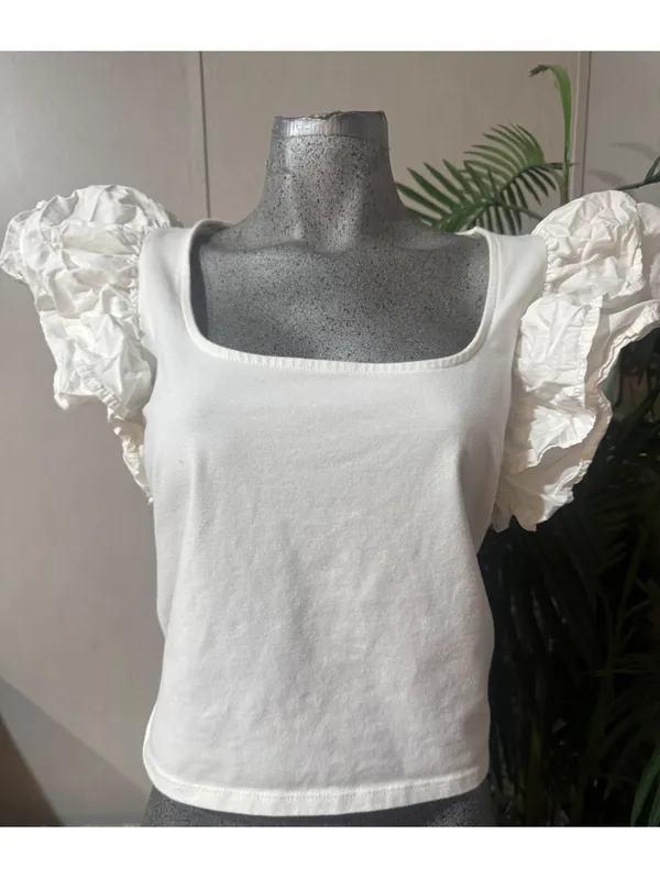 A New Day Women's Blouse, Size L, White, Square Neck, Layered Ruffle, Cropped - Image 2