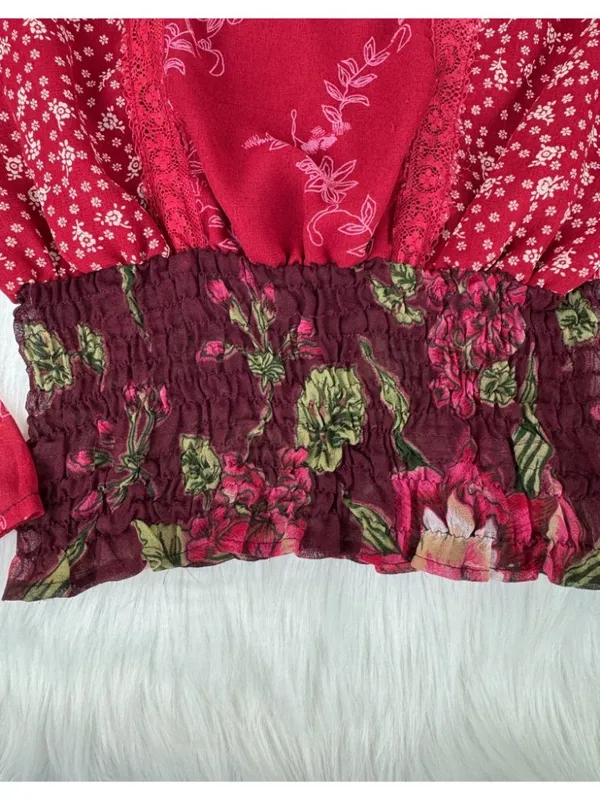 Passport Floral Smocked Elastic Waist Peasant Top Blouse Size L Burgundy - Image 8