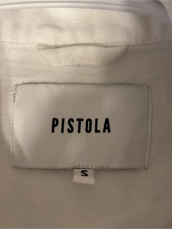 Pistola White Cropped Distressed Denim Jacket Raw Hem Size Small - Image 2