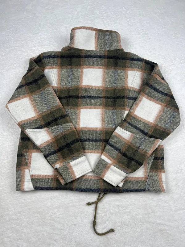 Staccato Plaid Cropped Zip Jacket Womens M Green Cream Drawstring EUC - Image 4