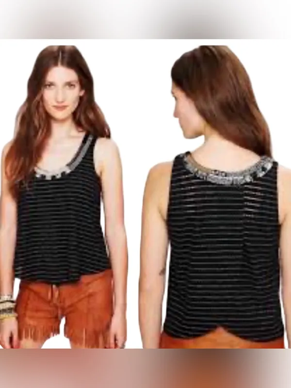 Free People Aztec Louie Beaded sequin Tank Black Striped Split Back Boho glam M - Image 3