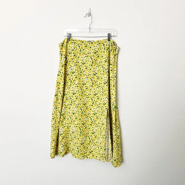 [LOFT] Yellow Floral Print Linen Blend High Waist Side Slit Midi Skirt Size 14 - Image 2