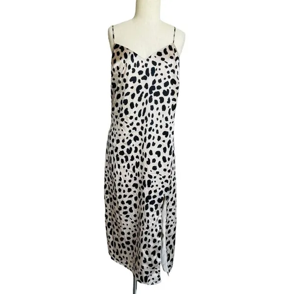 E. Ssue Leopard Satin Slip Midi Dress Size L Side Slit Y2K - Image 2
