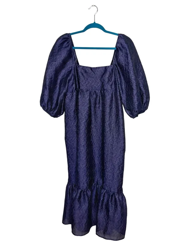 NWT Anthropologie Navy Blue Textured Puff Sleeve Dress - Image 3