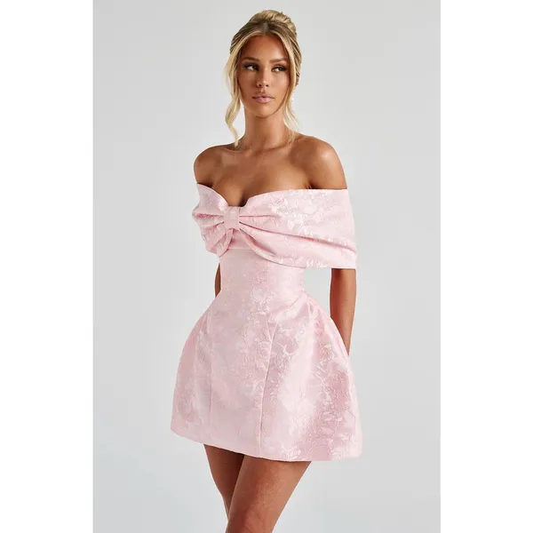 NWT Babyboo Raquel Blush Floral Jacquard Bow Off-The-Shoulder Mini Dress Size M - Image 5