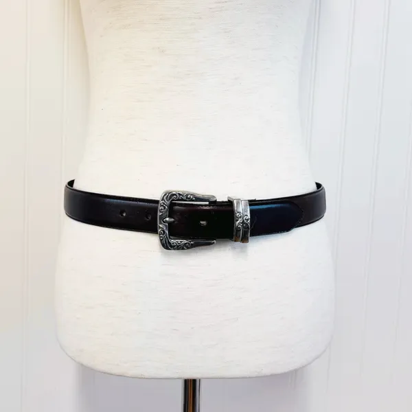 VINTAGE Fossil Brown Leather Western Engraved Silver Belt Medium Ornate Boho‎ - Image 4