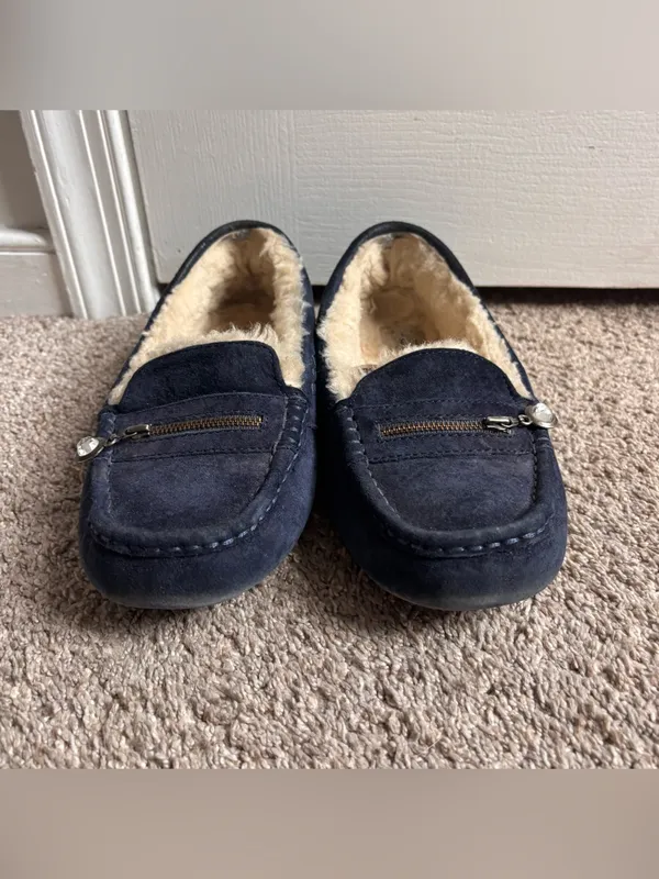 UGG Ansley Charm Loafers Slippers Navy Suede Shearling Size 8 - Image 2
