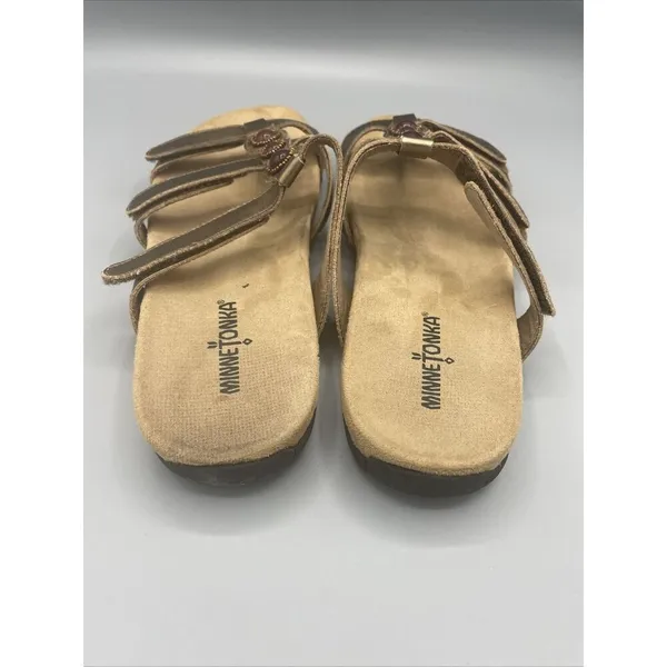 Minnetonka Sandals Brown Leather Strap Slip On Slide Womens‎ Size 9 - Image 3