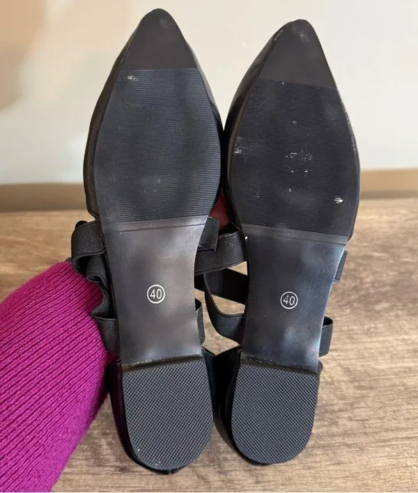 Black Faux Leather Flats Dress Shoes Size 40 Pointed Toe elastic straps - Image 4