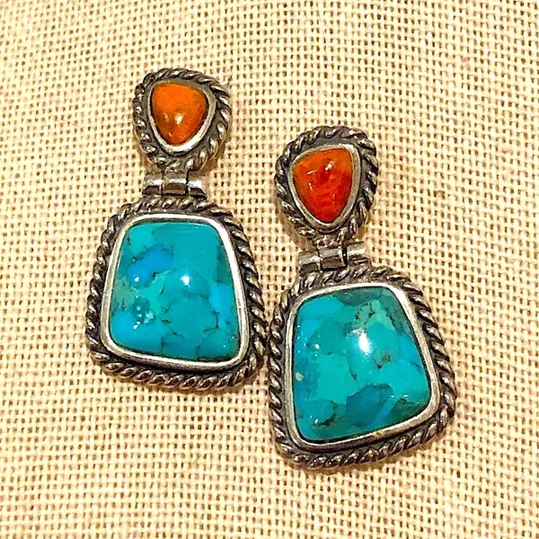 BARSE Sterling Silver Rope Edged Turquoise and Coral Drop Earrings - Image 3