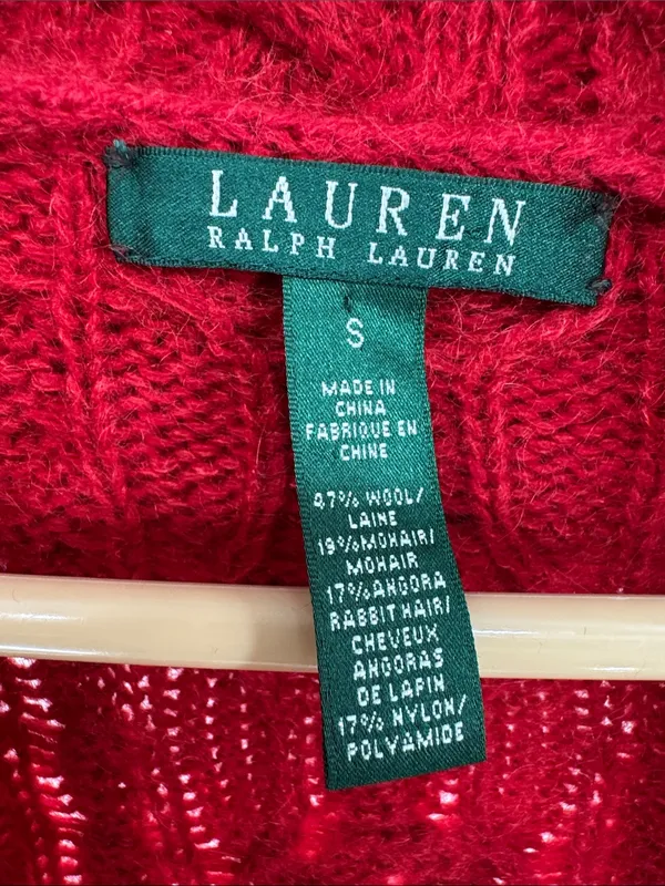 Ralph Lauren Red Cable-Knit cowl neck Cardigan S open front wool mohair angora - Image 9