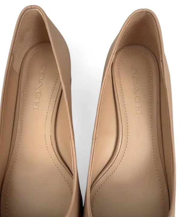 Coach Pointed Low Block Heel Pumps in Tan with Beaded Trim - Image 5