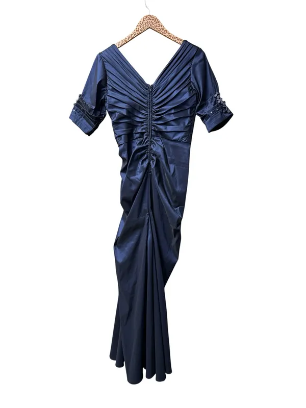 Tadashi Shoji Side Ruched Jeweled Beaded Long Maxi Gown Dress Navy Blue 8 - Image 4