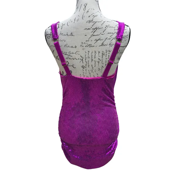Urban Outfitters Magenta Purple Sequin Cowl Neck‎ Ruched Mini Dress Small - Image 4