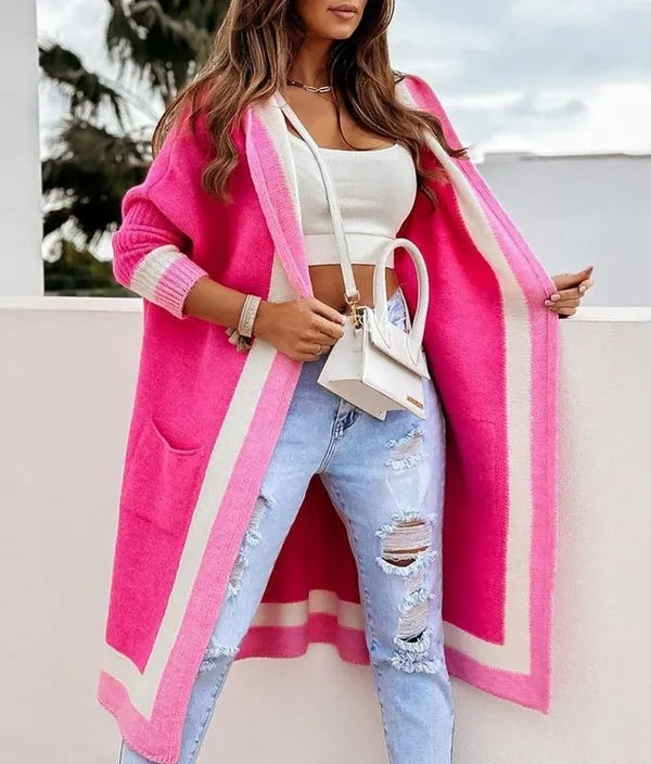 Vibrant Color Block Knit Long Cardigan - Soft & Oversized Size XL - Image 7