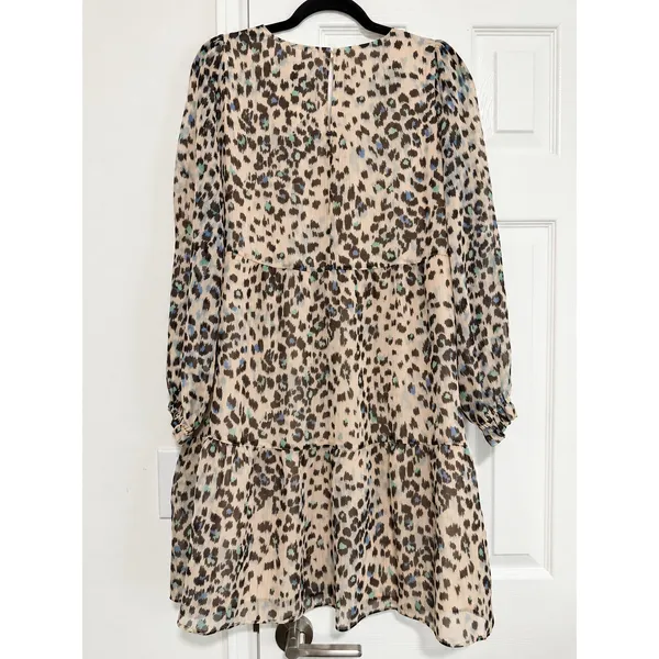 LOFT Leopard Print Metallic Chiffon Tiered Mini Dress Puff Sleeve NWT M - Image 5