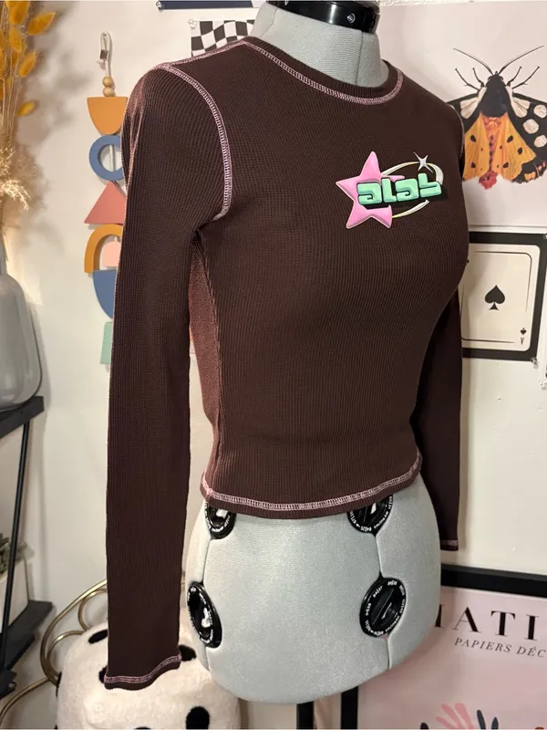 ALAB Y2K Brown Thermal Long Sleeve Contrast Stitch Top Size S - Image 4