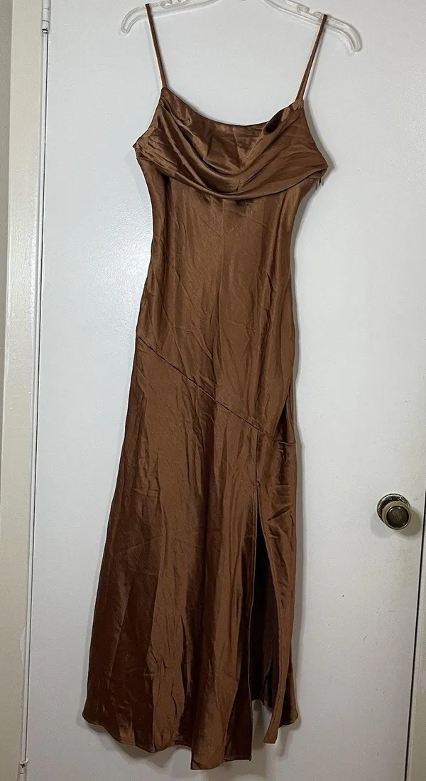 NEW! Selfie Leslie Well Versed Pleated Bust Front Split Slip Dress Chocolate MED - Image 4