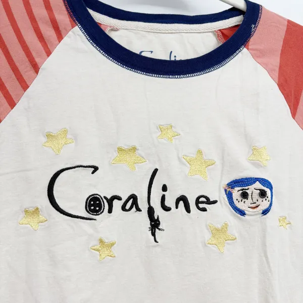 Laika Womens Coraline Embroidered Stars Striped Raglan Baseball Tee Size L - Image 3