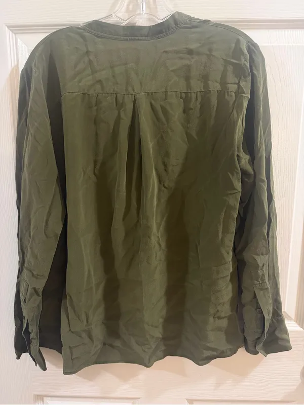 Madewell Olive Green Lace-Up 100% Silk Long Sleeve Blouse - Image 6