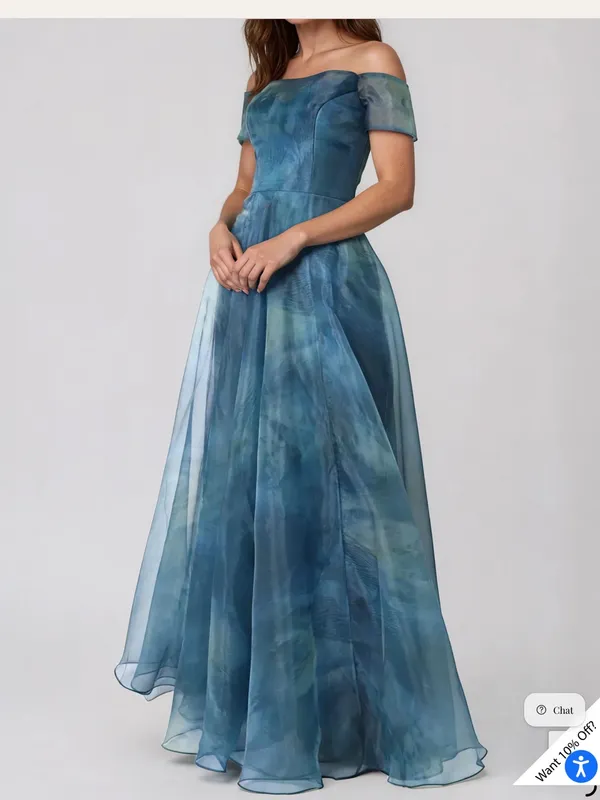 Rene Ruiz Blue-Green Off-the-Shoulder Organza A-Line Gown - Image 3
