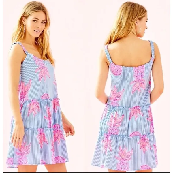 Lilly Pulitzer Dress Womens Small Blue Pink Striped Pineapple Tiered Knit 001688 - Image 3