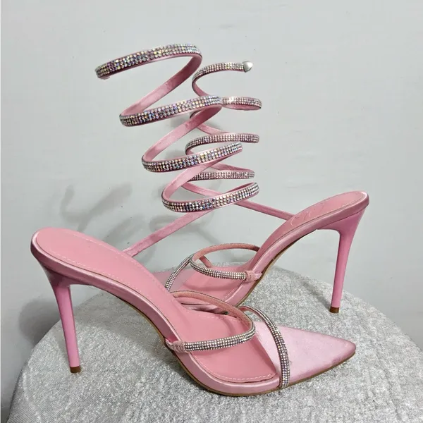 Pink Rhinestone Spiral Heels | women’s Size 8 Satin Pointed Toe Stilettos(B14) - Image 6