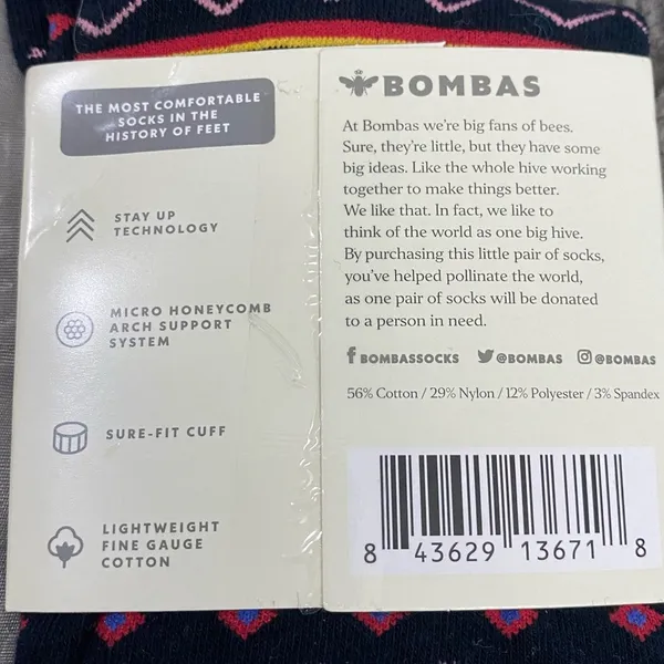 Bombas Black With Multicolor Geometric Lines Crew Socks Size Large - Image 4