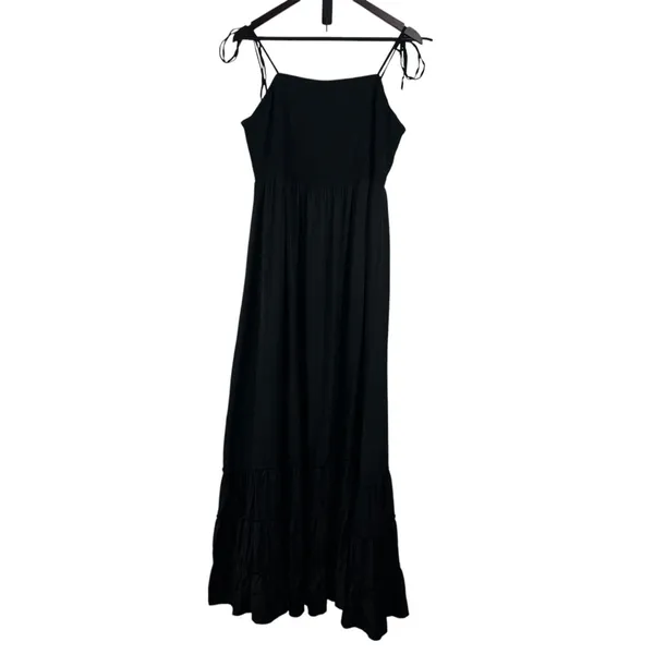 KOJOOIN Maxi Dress Smocked Sundress Tie Strap Tiered Casual Black 2XL Flowy‎ - Image 2