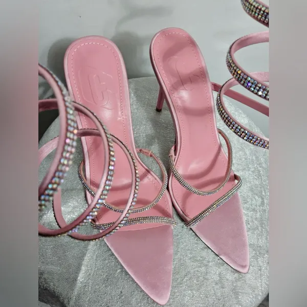Pink Rhinestone Spiral Heels | women’s Size 8 Satin Pointed Toe Stilettos(B14) - Image 5