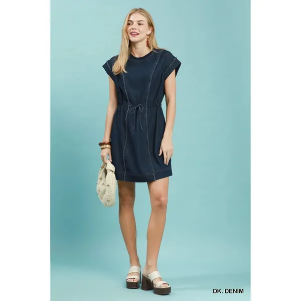 Umgee‎ Drawstring Waist Frayed Denim Mini Dress - Small - Image 4