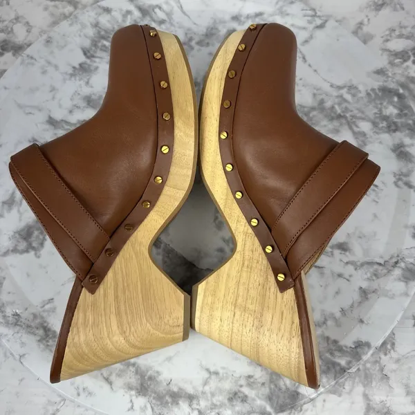 Veronica Beard Hendrix Brown Leather Platform Clogs 10.5 Wooden Block Heel Mules - Image 6
