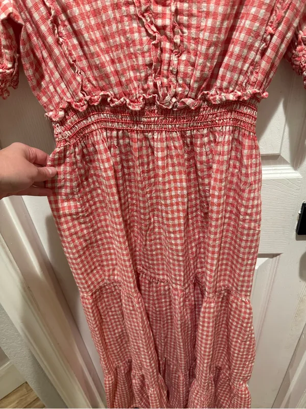 Max Studio Smocked Red Gingham Maxi Dress with Ruffle Trim - Image 6
