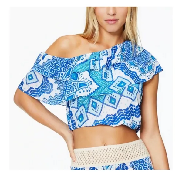NWT RAMY Brook Milo Blue Printed Off The Shoulder Cropped Top Large Ruffle - Image 9