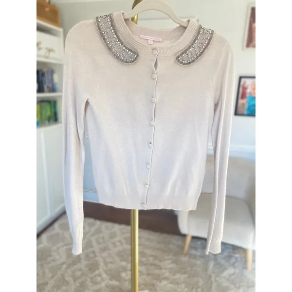 Rebecca Taylor Angora Wool Cashmere Cardigan Rhinestone Peter Pan Quiet Luxury M - Image 2