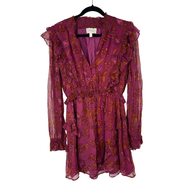 Cleobella Everly Floral Ruffle Mini Dress Medium Magenta Boho Long Sleeves - Image 2