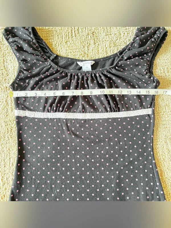 Y2K Black Pink Polka Dot Lace Trim Scoop Neck babydoll Top - Image 3