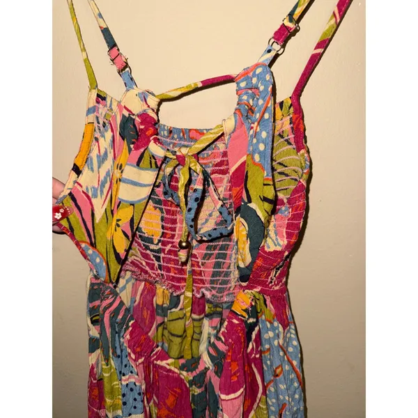 Angie Tropical Floral Smock Mini Dress S Multi Color Tier Boho Sundress vacation beach - Image 8