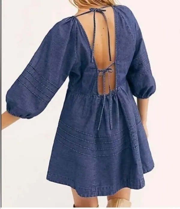 Sweet Surrender Denim Puff Sleeve Dress - Image 2