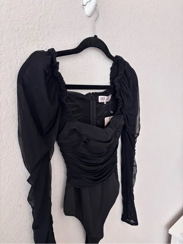 House of CB Black Ruched Mesh Puff-Sleeve Square Neck Bodysuit Size XS - Image 6