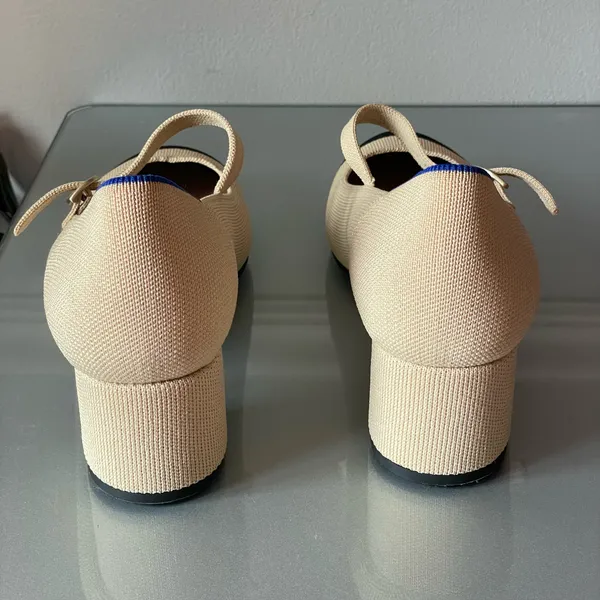 Rothy’s Mary Jane Block Heel Pumps Beige Black Cap Toe Women’s Size 9 EU39 - Image 4