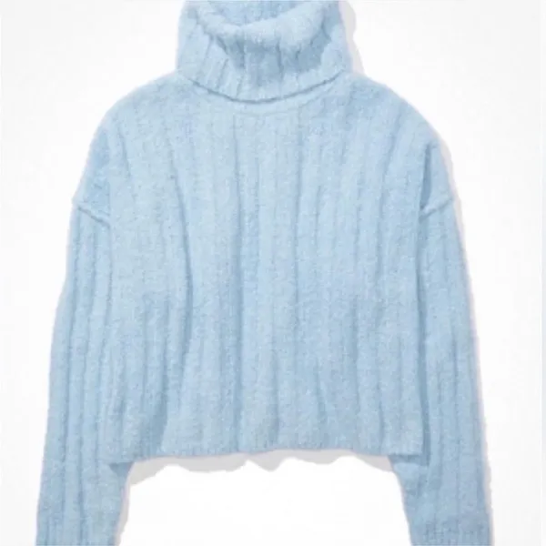 American Eagle Oversized Slouchy Ribbed Knit Soft Cowl Neck Light Blue Sweater - Image 2