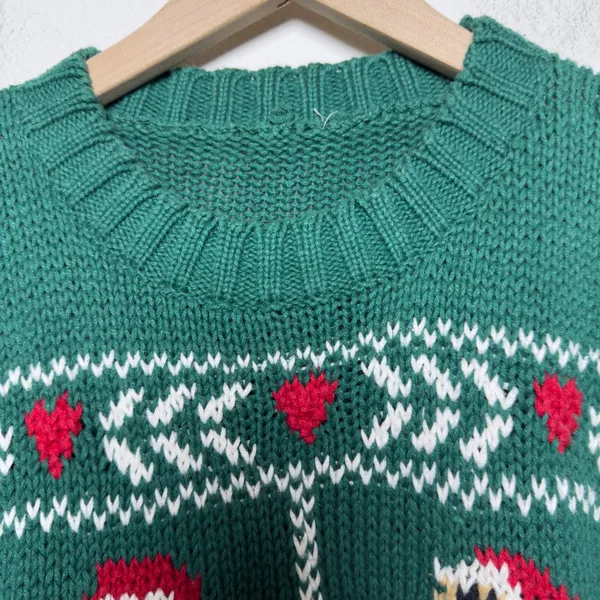 VTG 80s Women Sweater Large Green Santa Claus Holiday Christmas Knit Retro Heart - Image 4