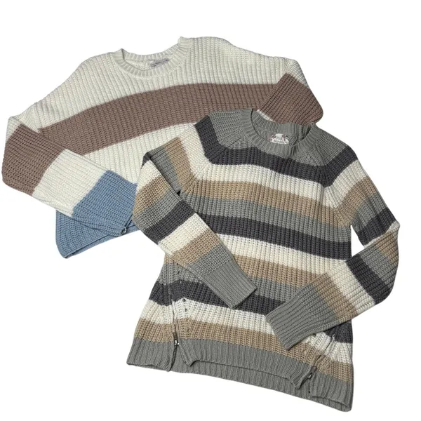 Sincerely Jules Neutral Striped Sweater Bundle M Coastal Grandma Cozy Knit Oversized - Image 3