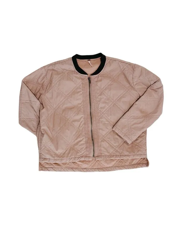 (RFB1) Free People Quilted Bomber Varsity Jacket Blush Beige L Casual Trendy - Image 3