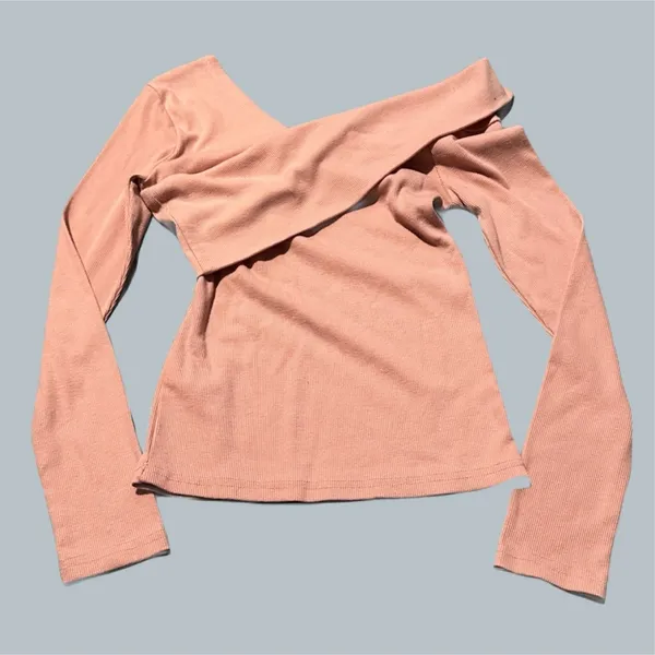 Off Shoulder Sweater Salmon Pink small top comfy asymmetrical design fold over - Image 2