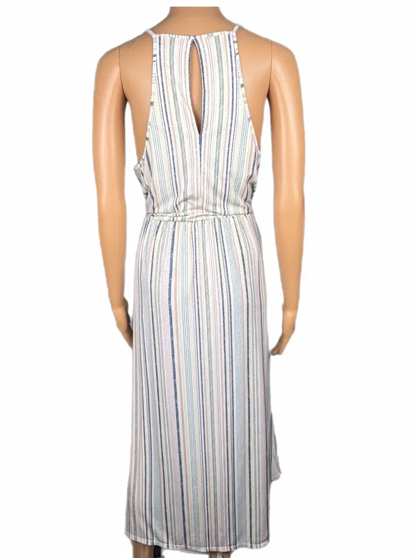 BCBGenetation White & Multi Striped Midi Dress w/Spaghetti Straps Pockets Large - Image 5